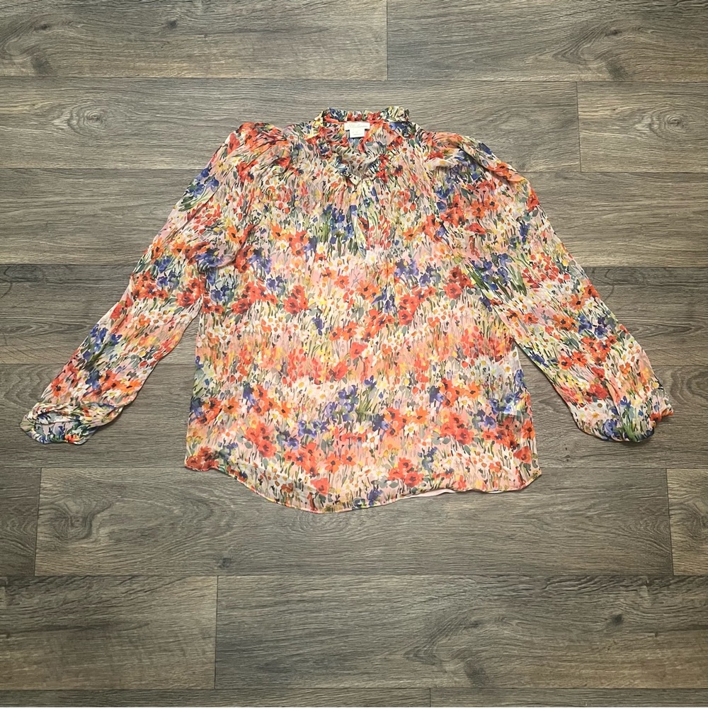 Shoshanna Long Sleeve Floral Blouse Multicolor Red Pink Blue Green Size Medium - Picture 3 of 8